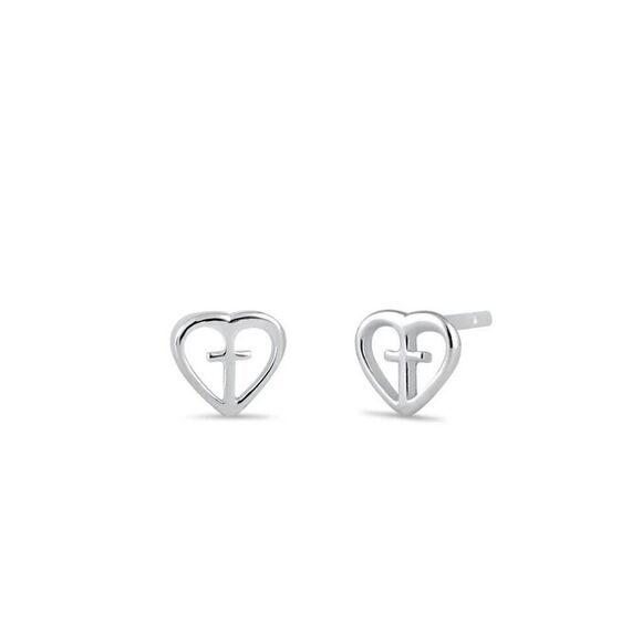 New Sterling Silver Cross in Heart Stud Earrings - Picture 1 of 4
